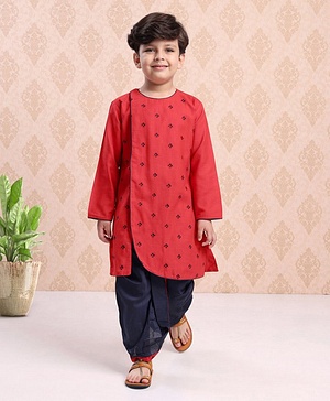 Babyhug Cotton Full Sleeves Kurta & Dhoti Set Ethnic Print - Red Blue Babyhug Cotton Full Sleeves Kurta & Dhoti Set Ethnic Print - Red Blue