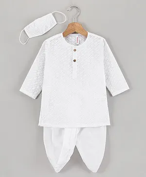 Babyhug Full Sleeves Cotton Embroidered Kurta and Dhoti Set - White