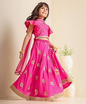 Babyhug Short Sleeves Zari Embroidered Lehenga Choli with Sequined Dupatta - Pink