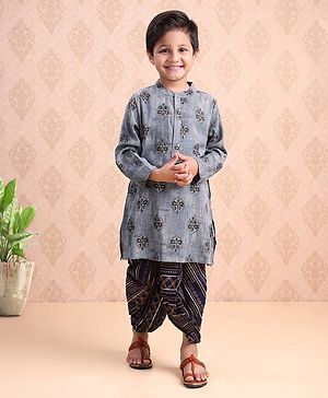 Babyhug Cotton Full Sleeves Kurta & Dhoti Set Ethnic Print - Navy Blue