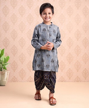 Babyhug Cotton Full Sleeves Kurta & Dhoti Set Ethnic Print - Navy Blue