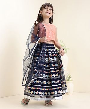 Babyhug Sleeveless Embroidered Choli & Flared Lehenga with Dupatta - Peach Navy