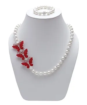 Daizy Butterfly Detailing Pearl Beaded Necklace With Bracelet - Red & White
