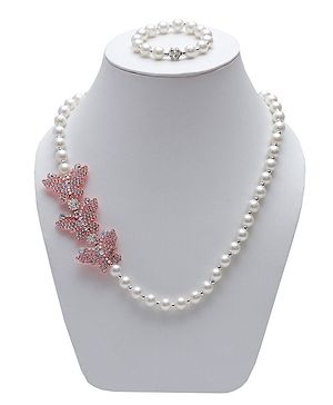 Daizy Butterfly Detailing Pearl Beaded Necklace With Bracelet - Baby Pink & White