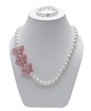 Daizy Butterfly Detailing Pearl Beaded Necklace With Bracelet - Baby Pink & White