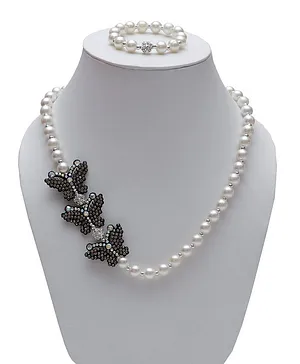 Daizy Butterfly Detailing Pearl Beaded Necklace With Bracelet - Black & White