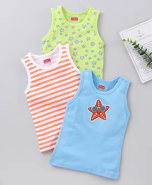 Babyhug 100 % Cotton Sleeveless Tee Stripes & Star Print Pack of 3- Multicolor