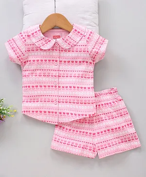 Babyhug Peter Pan Collar Top & Shorts Nightwear Set Floral Print - Pink