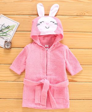 Babyhug Three Fourth Sleeves Hooded Bath Robe Bunny Design - Pink