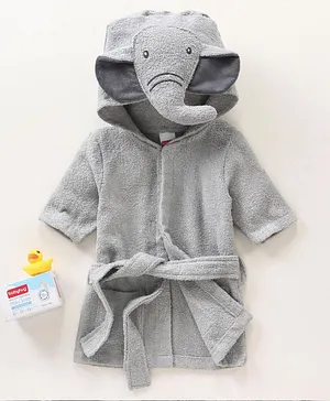 Babyhug Three Fourth Sleeves Elephant Design Woven Terry Bath Robe - Grey