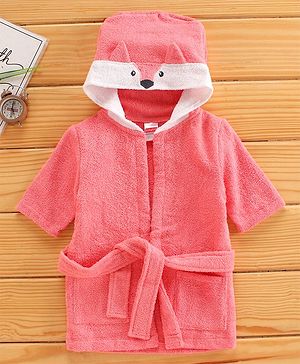 Babyhug Three Fourth Sleeves Hooded Bath Robe Fox Design - Pink