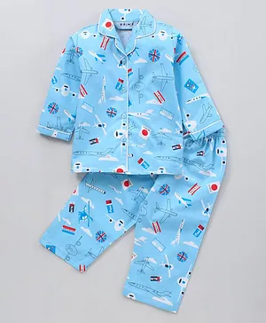 Enfance Core Full Sleeves All Over Air Planes Printed Night Suit - Blue