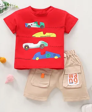 Kookie Kids Half Sleeves T-Shirt & Shorts Set Car Print - Red