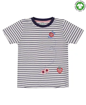 Lilly + Sid Half Sleeves Striped T-Shirt with Embroidery - Navy