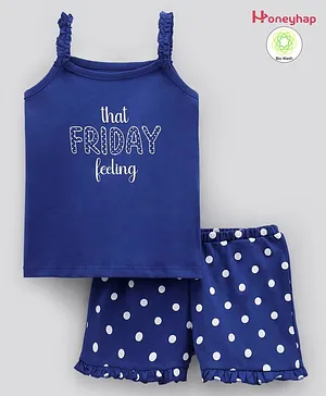 Honeyhap 100% Cotton Silvadur Antimicrobial Finish Singlet Sleeves Night Suit Friday Print - Navy Blue