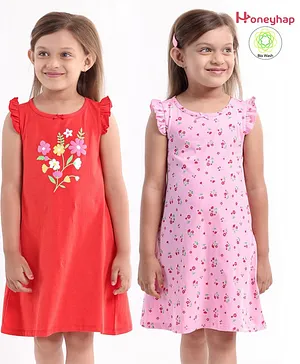 Honeyhap 100% Cotton Half Sleeves Biowashed Night Gown Floral Print Pack of 2 - Pink Red