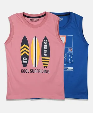 Monte Carlo Pack Of 2 Sleeveless Placement Text Printed Tees - Pink & Royal Blue