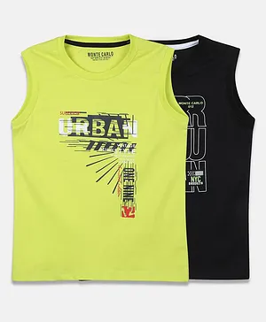 Monte Carlo Pack Of 2 Sleeveless Placement Text Printed Tees - Neon Green & Black