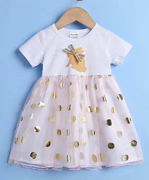 Kookie Kids Half Sleeves Frock Glitter Bunny Print & Bow Applique - White