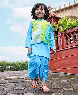 Babyoye Full Sleeves 100% Cotton Kurta Dhoti Set with Tie Dye Jacket - Blue