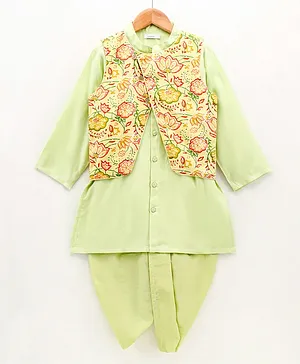 Babyoye Full Sleeves 100% Cotton Kurta Dhoti Set with Floral Print Jacket - Green