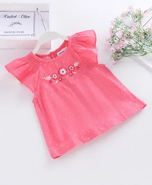 Babyoye Cap Sleeves Cotton Tee Floral Embroidery- Pink
