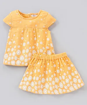 Babyoye Cotton Woven Cap Sleeves Top & Skirt Set Floral Print - Yellow