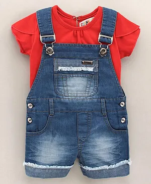 Enfance Core Denim Dungaree With Short Sleeves Tee - Blue & Red