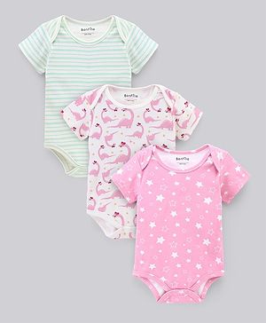 Bonfino Half Sleeves Printed & Striped Onesies Pack of 3 - Blue Pink