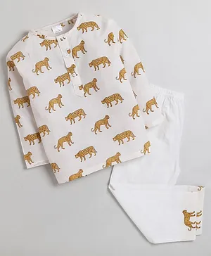 Polka Tots Full Sleeves Nightwear Leopard Print  Kurta Pyjama Set  - White