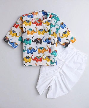 Polka Tots Full Sleeves Angrakha Elephant Print Kurta With Dhoti Set - White