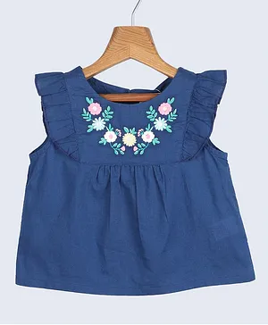 Beebay Flutter Sleeves Floral Embroidered Ruffle Top - Blue