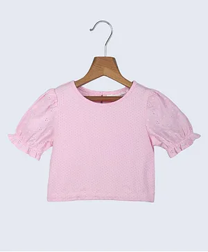 Beebay Half Puffed Sleeves Dots Print Schiffli Embroidery Sleeve Detail Top - Pink