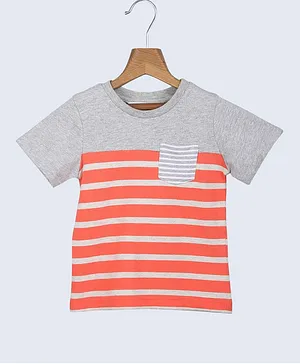Beebay Half Sleeves Color Blocked Stripe Print T Shirt With Pocket - Orange