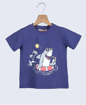 Beebay Half Sleeves Shark Print Graphic T Shirt - Navy Blue