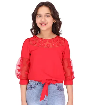 Cutecumber Three Fourth Lantern Sleeves Flowers Embellished  Top With Bow - Red