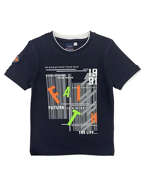 CAVIO Boys Half Sleeves Barcode & Faith Text Print Tee - Navy Blue