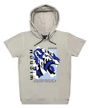 CAVIO Half Sleeves Tiger Printed Hooded Tee - Light Grey