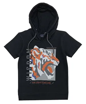 CAVIO Half Sleeves Tiger Printed Hooded Tee - Black