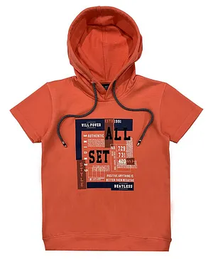 CAVIO Half Sleeves Typography Hooded Tee - Orange