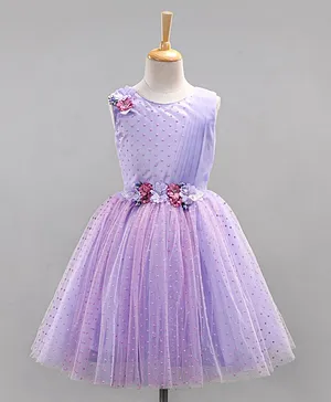 Bluebell Sleeveless Party Wear Embellished Frock With Floral Corsage - Purple