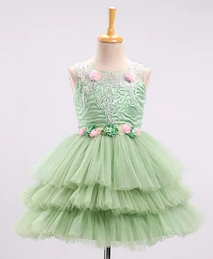 Bluebell Sleeveless Party Wear Layered Frock Floral Appliques - Light Green