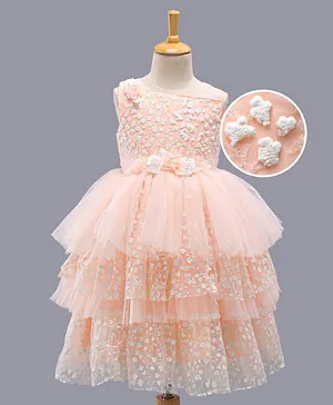 Bluebell Sleeveless Embellished And Layered Party Frock With Floral Applique - Peach