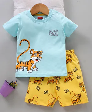 Babyhug Half Sleeves Nightwear Shorts Set Tiger Print - Blue Yellow