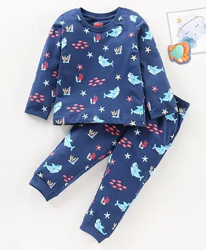 Babyhug Full Sleeves Night Suit Sea Creatures Print - Navy Blue