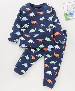 Babyhug Full Sleeves Night Suit Dino Print - Navy Blue