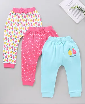 Babyhug Full Length Cotton Diaper Leggings Fruits Heart And Perfect Pear Print Pack Of 3 - Pink Blue