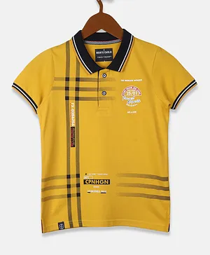 Monte Carlo Half Sleeves Placement Checked & Text Printed Polo Tee - Mustard Yellow
