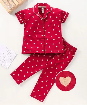 Enfance Core Heart Printed Half Sleeves Shirt With Pants - Red