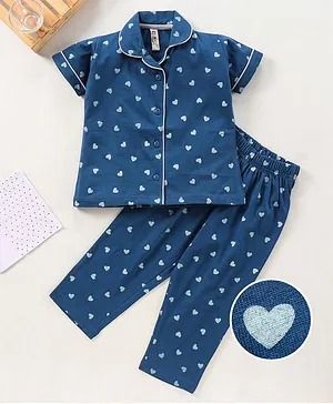 Enfance Core Heart Printed Half Sleeves Shirt With Pants - Blue